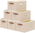 Yawinhe Foldable Storage Baskets for Shelves,16.9x11.8x10.2in,Beige,6-Pack | Collapsible Storage Bins for Towels, Container with Leather Handle for Organization, Fabric Rectangle Boxes for Home