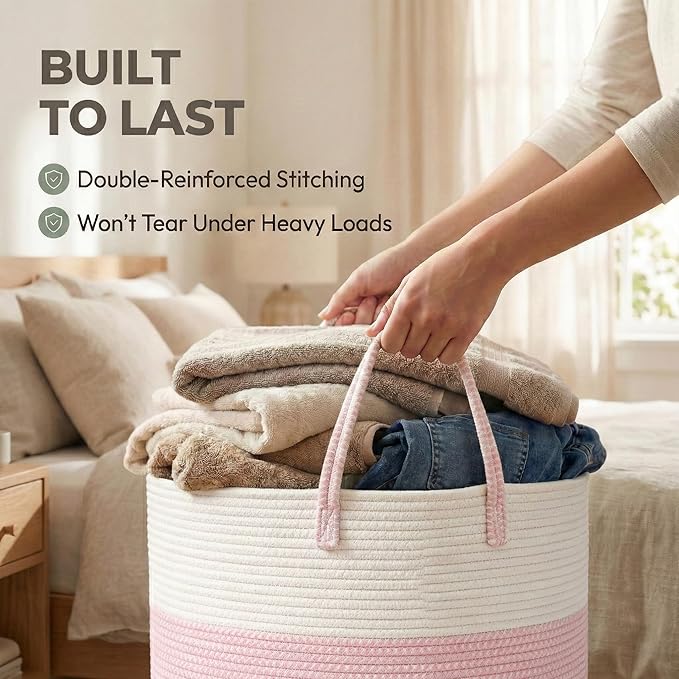 JMvicyroam 115L Extra Large Machine Washable Cotton Rope Blanket Basket | Collapsible laundry hamper, Reinforced handles, For blankets, pillows, toys and clothes, Living room and bedroom, White&Pink