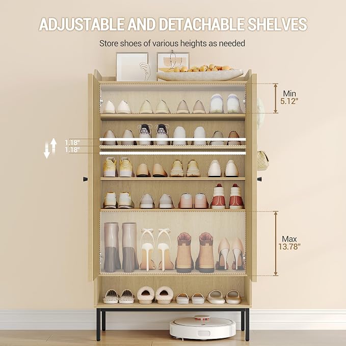Hzuaneri Shoe Cabinet with Doors, 7-Tier Shoe Storage Cabinet with Adjustable Shelves, Wooden Shoes Organizer Cabinets with Top Storage Layer, 28-32 Pairs, for Entryway, Hallway, Rattan SR68702Y