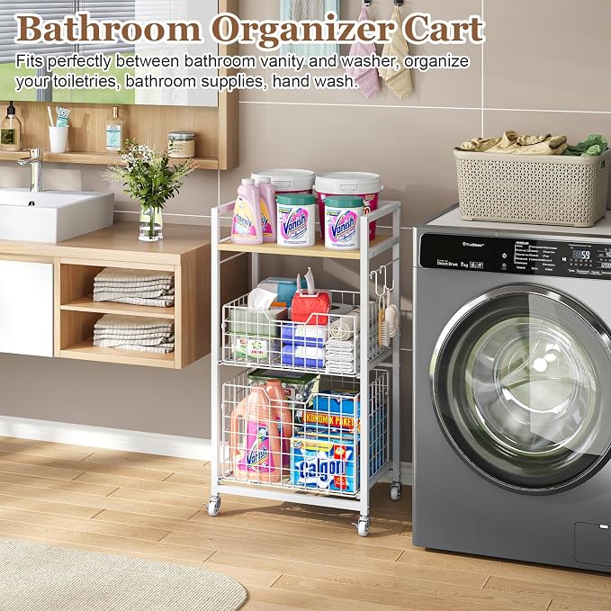 Hongtamoya 3 Tier Laundry Room Cart with Pull-Out Baskets, Storage Cart with Wheels, Rolling Cart with Wood Top Metal Bathroom Laundry Room Organization Mobile Shelf Unit Organizer Trolley, White