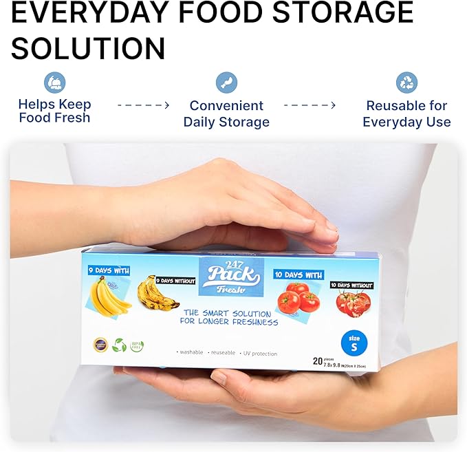 Freshpack 247 Produce Storage Bags Roll 10 x 14 Inches 1 Gallon 80 Pack Tear Off Reusable Food Storage Bags With Zipper, Bread Keeper Bag For Fruits Vegetables Meal Prep Pantry Use