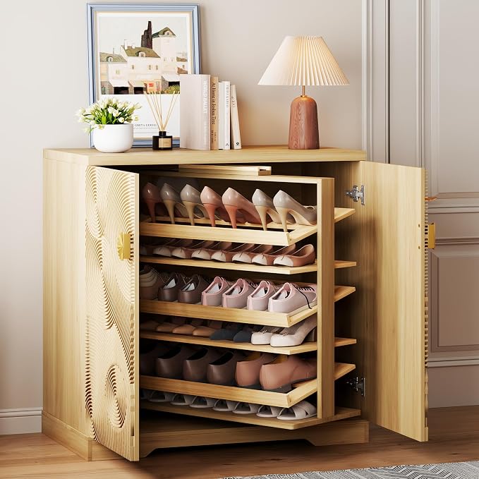 Vlsrka Shoe Storage Cabinet with Doors and 6 Tier Rotating Shelves, Wood | Suitable for 18 Pairs Shoe Organizer, Freestanding, Pull Out Shoe Rack, Wooden Entryway Cabinet for Hallway, Closet, Indoor