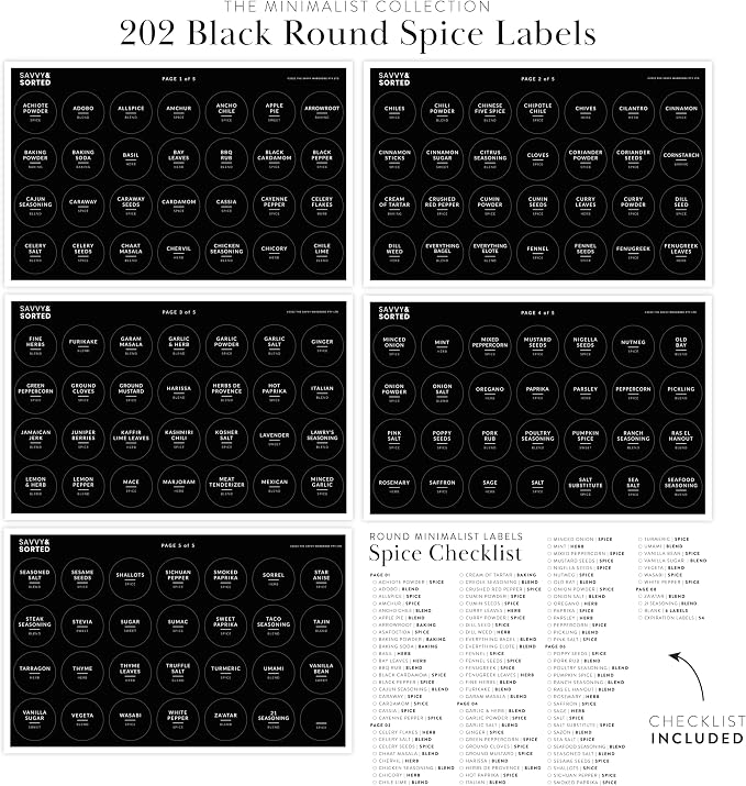Spice Labels for Glass Jars, 202 Round Preprinted Waterproof Kitchen Spice Labels Stickers, Seasoning Organization Black Pantry Herbs Label for Top Lid, Chalkboard Labels for Spice Jars
