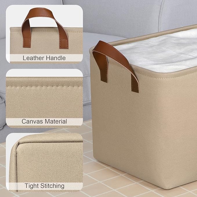 KEEGH Storage Baskets for Organizing Cube Storage 15 in, 4 Pack, Brown | Fabric Material, With Leather Handle, Closet Organization, Storage Bins for Living, Bedroom, Study