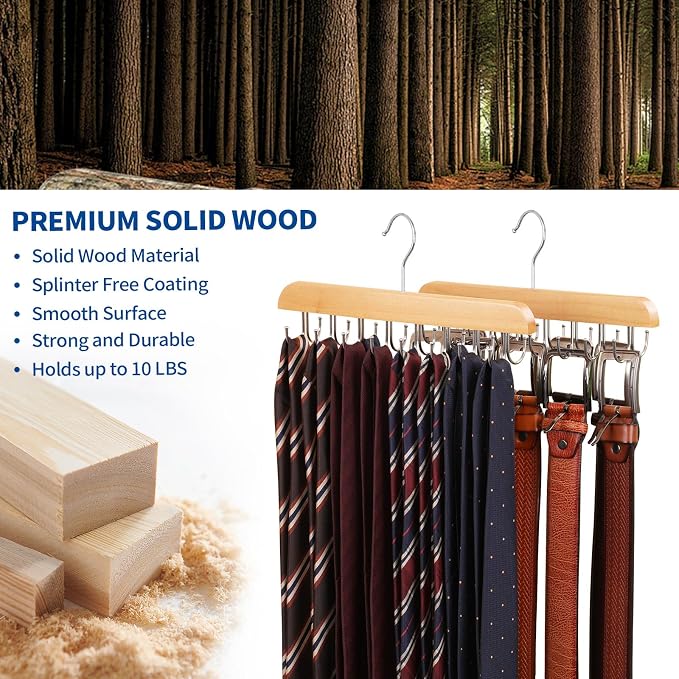 Belt Hanger for Closet, 2 Pack Closet Organizers and Storage Belt Rack Max 48 Belts, Multifunction Wooden Hanger Tie Rack