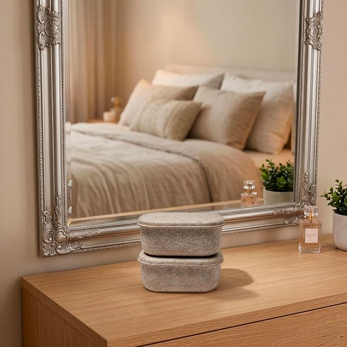 Welaxy Small Hide Storage Containers with Lids, Natural Beige felt bin with Lid Set of 2 (Oatmeal)