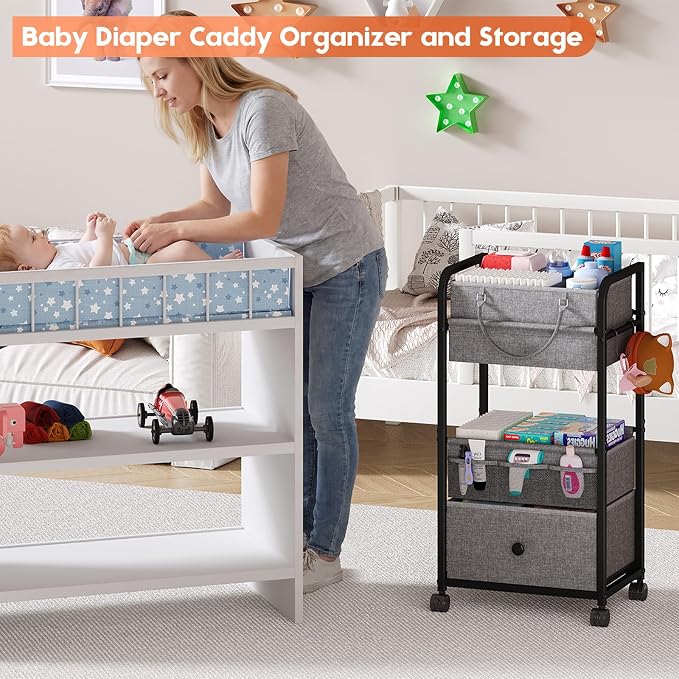 Cidaziya 3In1 Baby Diaper Caddy Organizer, 3 Tier Rolling Cart with Drawer, Detachable Dividers, Mobile Utility Cart Baby Dresser Clothes Organizer for Crib, Bedroom, Art & Craft Storage, Grey