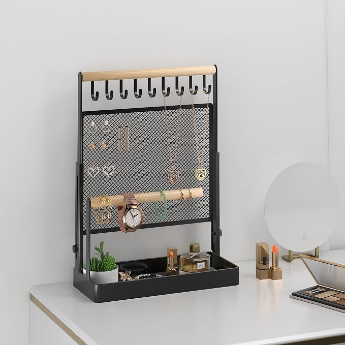 Jewelry Organizer Stand, Liftable Necklace Holder with Earring Organizer Net, 9 Hooks Necklaces Storage Wooden Handing Bar for Bracelets Watches Rings (Black)