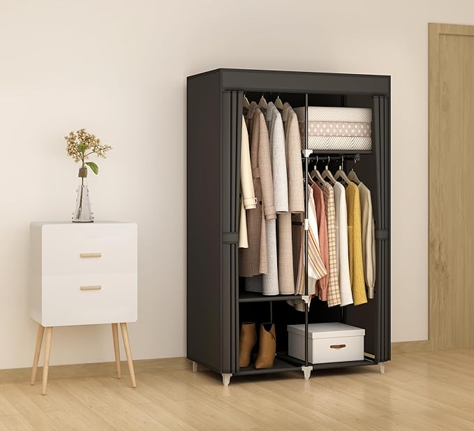 35“ Portable Closet Wardrobe for Small Room, Hanging Rods Shelves & Cover | 2 Clothes Hanging Rods, 4 Shelves and Non-Woven Fabric Cover