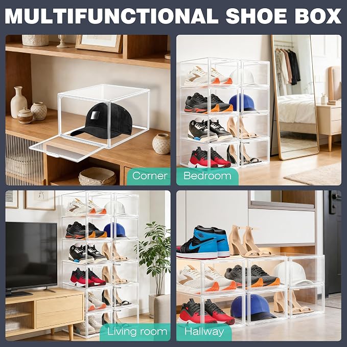 2 Pack Drop-Front Clear Shoe Storage Box Acrylic Box Shoe Organizer Size 13, Stackable Shoe Tower with Magnetic Door Large Storage Bins for Sneaker Containers Display & Closet Organization