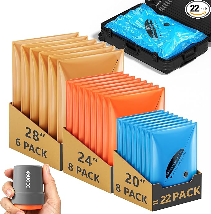 SUOCO 22 Pack Vacuum Seal Bags for Clothing Travel with Wireless Pump, 3 Sizes (20/24/28 Inch) Compression Packing Cubes for Luggage Suitcase