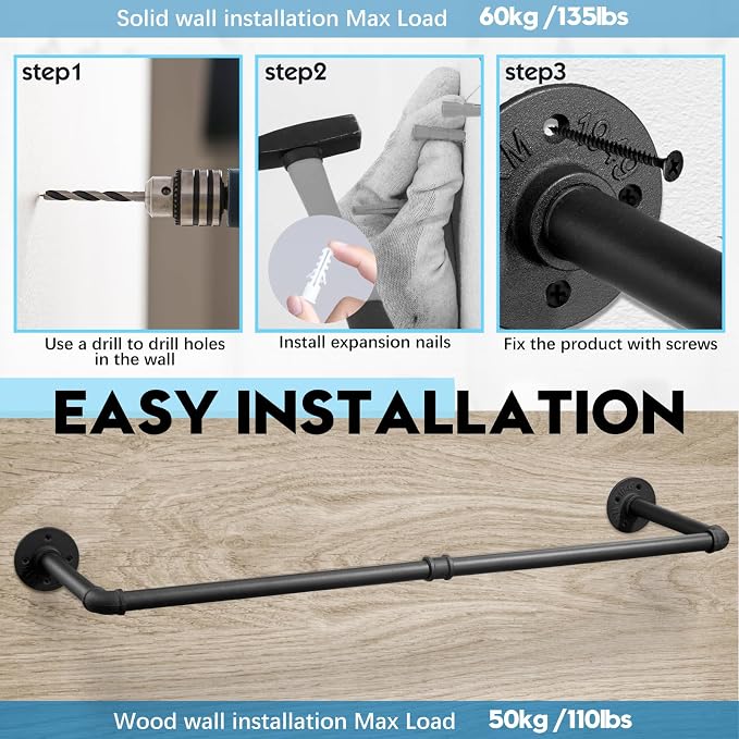 Industrial Pipe Clothes Rack Wall Mounted Clothing Rack Set of 2,38.2 Inches Heavy Duty Iron Garment Rail,Space-Saving Hanging Rod for Laundry Room,Bedroom,Closet Storage