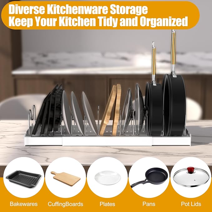 2 Pack Pots and Pans Organizer Under Cabinet, Expandable Pot Lid Organizer Racks, Include 20 Stainless Steel Racks & White Plastic Base, Perfect for Kitchen Cabinet, Countertop & Cupboard