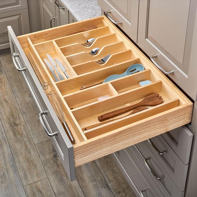Rev-A-Shelf Wood Trim-to-Custom-Fit Utensil Drawer Insert Organizer, 33.11" x 21.97" - Spoons, Forks, Silverware, and Cutlery Drop-In Storage Tray for Kitchen Cabinet Organization, 4WUTCT-36-1