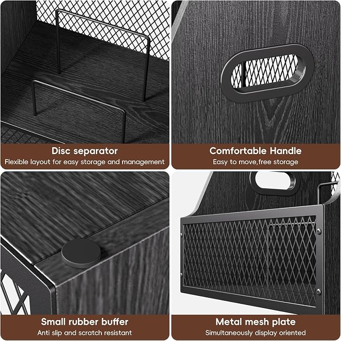 Vinyl Record Storage with Separators, Record Storage Box for 7/10/12 inch 60+ Vinyl Records Organizer Cases Wood Crate for Magazine Holder Black