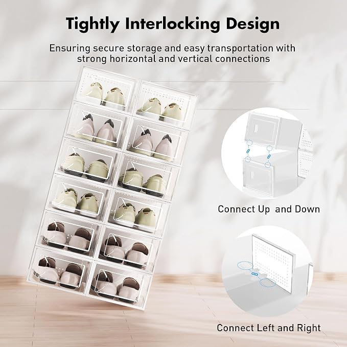 Foluck Shoe Storage Box, 15 Pack Clear Plastic Stackable Organizer for Closet, Interlocking Design Shoes Container Bins for Sneakers, Foldable Shoe Rack with Lids, White
