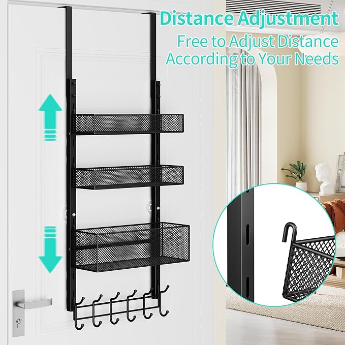 HapiRm Over The Door Hanger with Coat Hooks and 3 Baskets, Rustproof Over The Door Hooks, Storage Organizer for Hats, Towels - Black