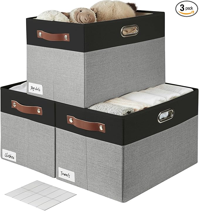 Bagnizer Large Collapsible Fabric Storage Bins with 3 Handles, Foldable Organizer Baskets for Closet, Shelves, Living Room | 3 Pack, Durable PU & Metal Handles (17"x11.8"x11.8", Black & Gray)