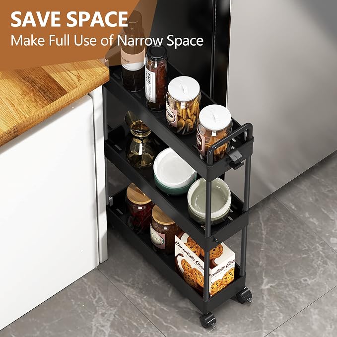 SOLEJAZZ Slim Rolling Storage Cart Skinny Bathroom Organizer, 3 Tier, Black | Thin utility cart with wheels for bathroom, laundry room, bedside, kitchen, dorm, office, next to fridge, small narrow places