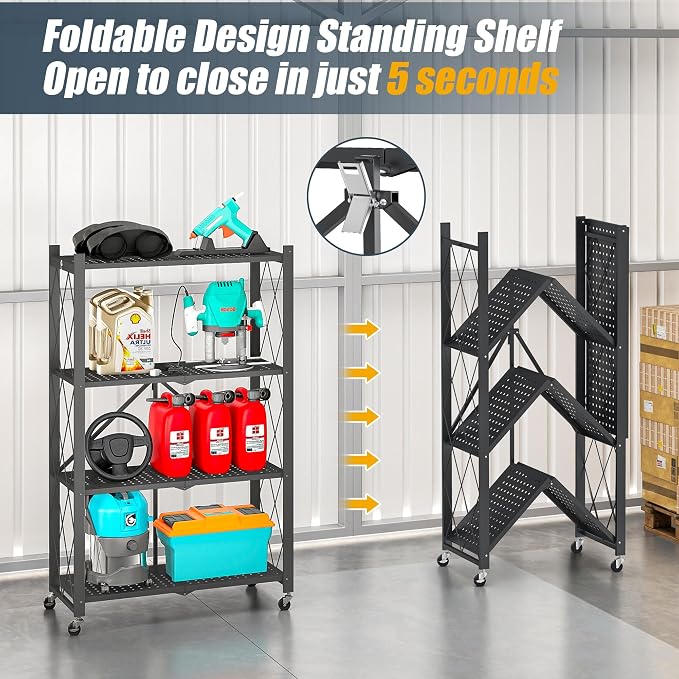 4-Tier Folding Metal Storage Rack - 50" Heavy-Duty Steel Frame with Wheels, No Assembly Utility Organizer, Rolling Shelving Unit for Kitchen, Garage, Pantry, Bedroom (Black, 4 Tier)
