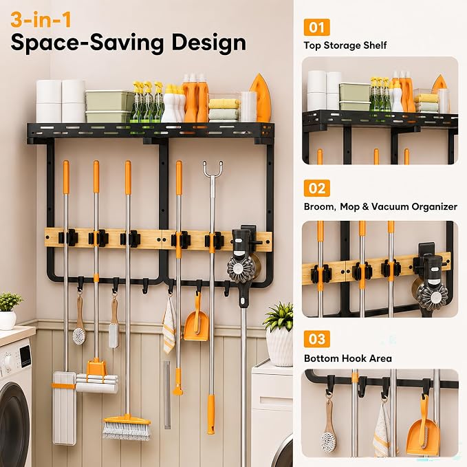 Large Broom Mop Holder Wall Mounted with Top Shelf,3-in-1 Cleaning Supplies Organizer, Laundry Room Storage Rack with 5 Clamps and 6 Removable Hooks for Home Garage, Utility Room and Kitchen