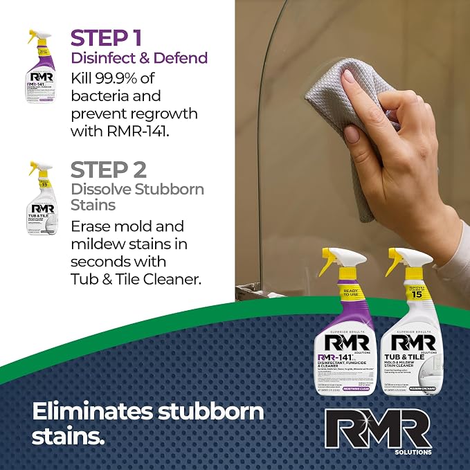 RMR Bathroom Mold Remover Bundle - RMR-141 EPA Registered Mold & Mildew Remover, 2-Step Bathroom Cleaning & Disinfecting System for Showers, Sinks, Tile, Grout, 2–32 Oz Bottles