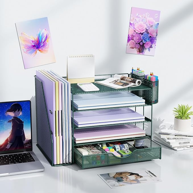 gianotter 5-Tier Desk Organizer with Drawers, File Holders, Letter Trays and Pen Holders - Workspace Accessories for Office Supplies (Green)