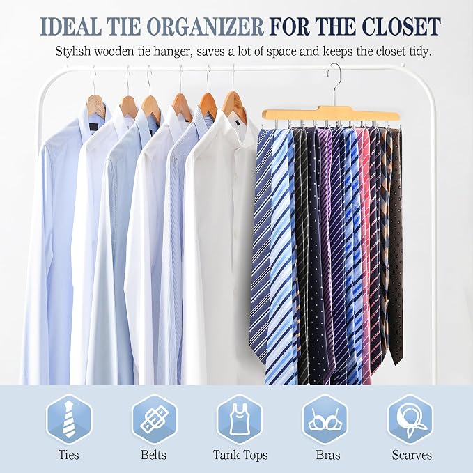 Tie Rack Hanger for Closet, Upgraded Tie Holder Organizer for Men, Wooden | Non Slip Neck Tie Organizer with 20 Foldable Hooks, Belt Hanger Space Saving, Fits for Tank Tops Bras Cami Scarves