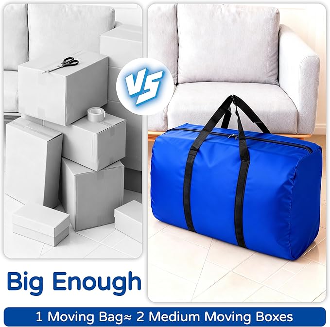 4 Pack 96L Extra Large Moving Bags with Zippers & Carrying Handles for Storage, Packing, Traveling, Camping, Langdry, Big Heavy Duty Moving Totes Bags for Clothes, Supplies and Space Saving Blue