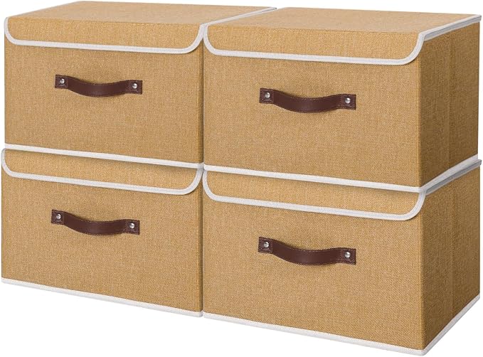 ANMINY 4PCS Storage Bins with Lid PU Leather Handles Storage Boxes PP Plastic Board Decorative Foldable Lidded Cotton Linen Fabric Home Cubes Baskets Closet Organizer Containers - Khaki, Large Size