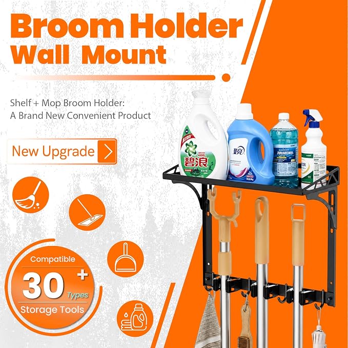 Broom Holder Wall Mount with Cleaning Supplies Organizer, Laundry Room Shelves with Mop Hanger Rack Gripper Hooks and Vacuum Organizer, Broom and Mop Organizer Wall Hanging for Home Garage Kitchen