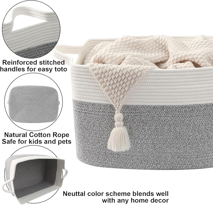 65L Collapsible Woven Rope Laundry Basket with Handles,White/Grey | 21x16x12 Foldable Rectangular Blanket Basket for Toys, Clothes & Pillows,Ideal for Nursery, Bathroom, Bedroom, Living Room