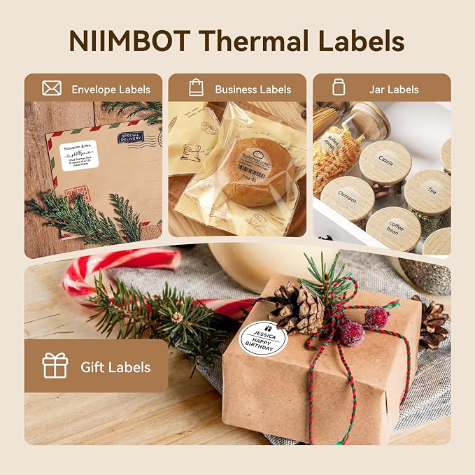NIIMBOT Thermal Label Tape 3 Rolls, Compatible with B1 B21 B31 Label Maker | Multi-Size Pack, 50x80mm White, 50x80mm Clear, 50x50mm Round | for Address, Jar, Gift, Logo & File Organization Stickers