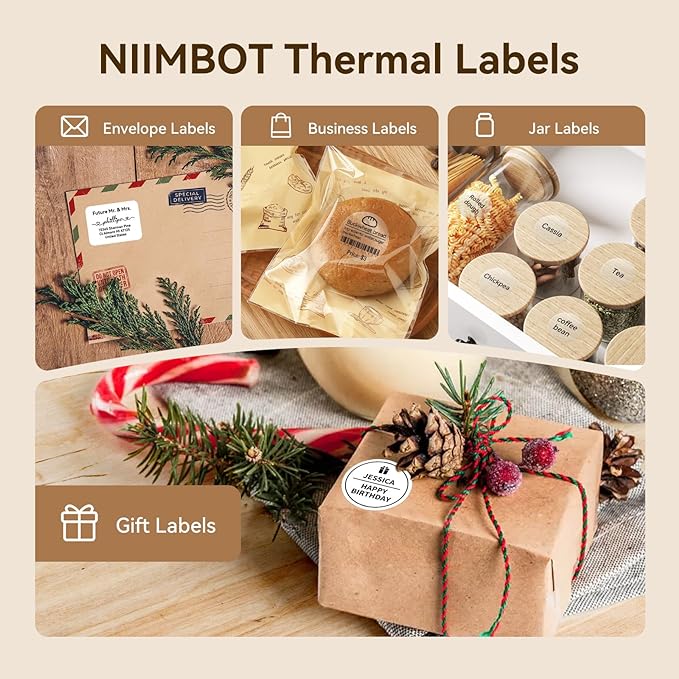 NIIMBOT Thermal Label Tape 3 Rolls, Compatible with B1 B21 B31 Label Maker | Multi-Size Pack, 50x30mm White, 40x30mm Clear, 50x50mm Round | for Address, Jar, Gift, Logo & File Organization Stickers