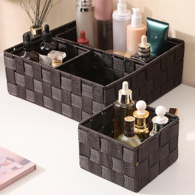 Storage Bins Woven Organizer Set of 4 – Polypropylene Storage Baskets with Metal Frame, Stackable Fabric Boxes for Drawers, Closet, Shelf, Nursery and Office, Brown