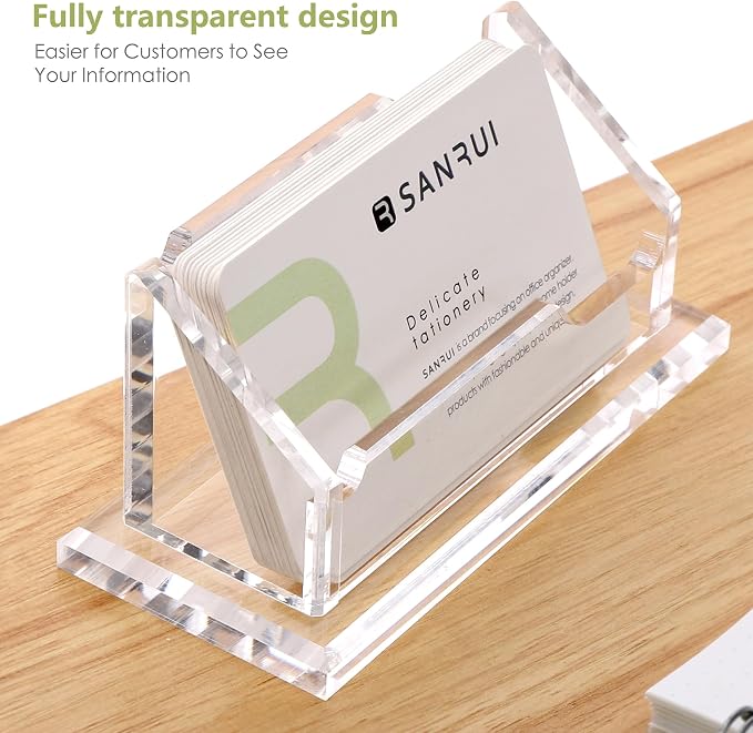 SANRUI 2 Pack Acrylic Business Card Holders for Desk, Premium 5mm Thick Clear Card Display Stand, Professional Horizontal Desktop Card Organizer for Office & Reception, Holds Up to 60 Cards