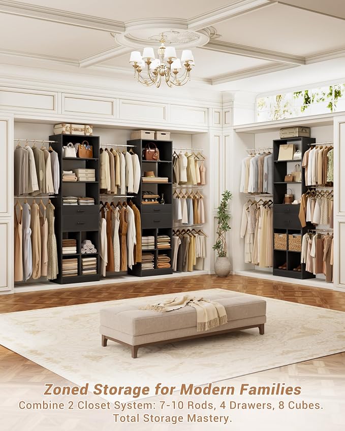 Besiost Small Closet System, 3.2-6.8FT Small Closet Organizer with 5 Hanging Rods, Can Fit 37.5 to 81.9 inch Walk-in Closet System, Built-in, Black, Enclosed Storage Volume 2.32 ft³