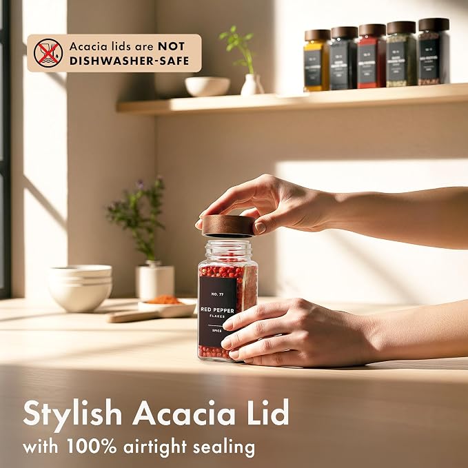 EDELHAUS Glass Spice Jars with Label, 36x Acacia Wooden Lids - Black Labels | Airtight Lids keep spices fresh, Kitchen Spice Drawer Organizer, 4oz Seasoning Containers incl. Funnel, Brush & 240 Labels