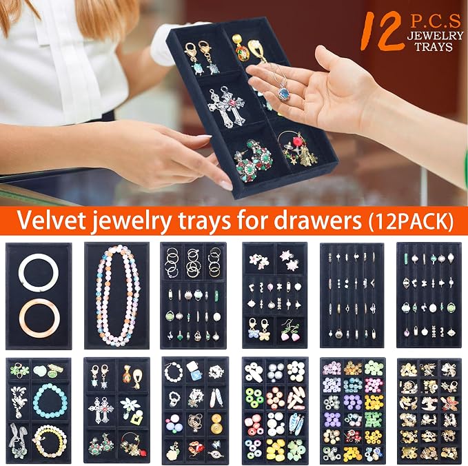 12 Set Jewelry Trays Organizer Stackable Jewelry Display Case Storage Box for Earring Necklace Rings Bracelet Watch, Black