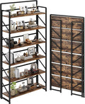 JSB Folding Bookshelf,Industrial Storage Shelves, No Assembly Vintage Wood Look Bookshelf with Storage Shelves for Living Room, Bedroom, Office (Fire Brown, Wide 6-Tier)