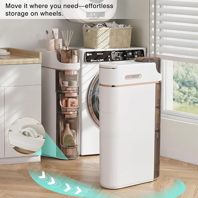 VECELO 3-Tier Slim Bathroom Storage Cabinet with Wheels, Skinny Bathroom Storage Cabinet with Drawers, Toilet Paper Holder, Movable Narrow Floor Cabinet for Small Space, Bathroom