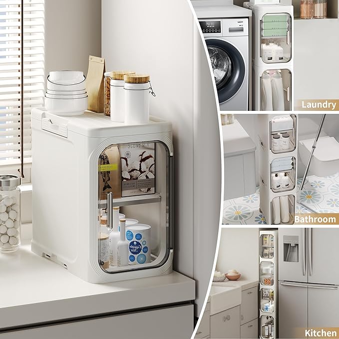 5-Tier Tall Slim Narrow Bathroom Storage Cabinet, White | Tool Free Assembly, Adjustable Shelves, Fits for Narrow Spaces, Reinforced Stability, Magnetic Clear Door