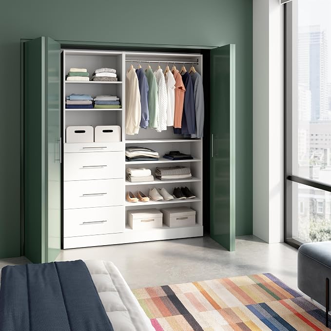 Bestar 61W x 16D Modular Closet Organizer System, Reach-in Closet or Walk-in with Shelves and Drawers, Slab Style, Florence Collection, White