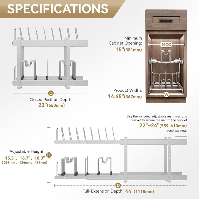 2-Tier Pots and Pans Organizer Under Cabinet Kitchen 15" W *22" D | Pull out Cabinet Organizer for Pots, Pans, and Lid Cookware, Adjustable Heavy Duty Wire Pan and Pot Rack, Full-Extension Rail