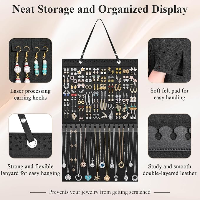 Caffox Hanging Jewelry Holder, Large Earrings Necklaces Organizer Storage for Earrings, Necklaces, Bracelets, Enamel Pins and Ankles, Jewelry Display Storage Hanger for Wall, Closet and Door