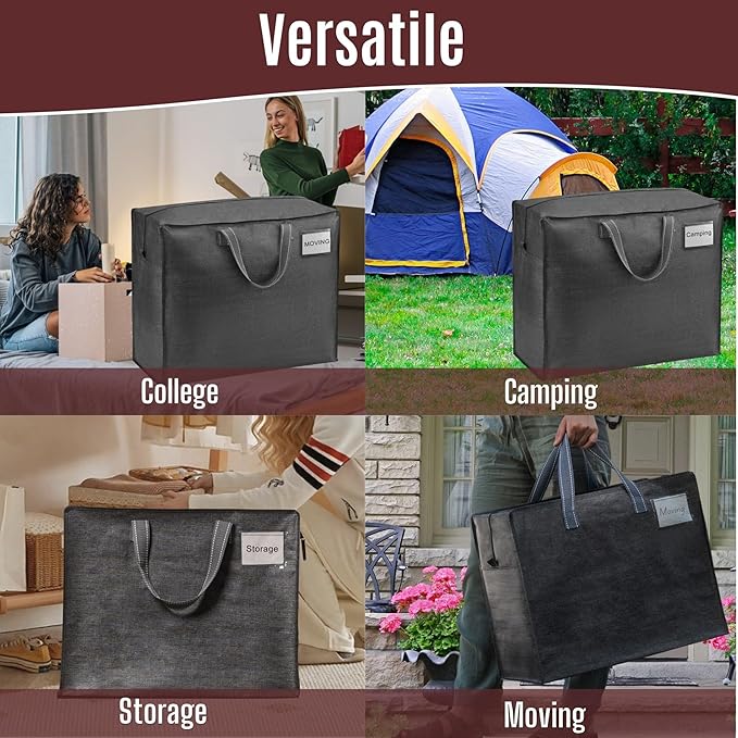 VENO 4 Pack Heavy Duty Moving Bags, Storage Bags, Packing Supplies, Top Zipper, Storage Totes for Camping, Clothes, Bedding, Comforters, Pillows (13 Gallon Dark Gray, 4 Pack)