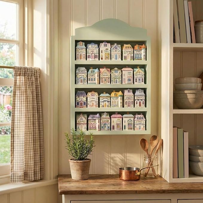 Chunful Vintage Spice Jar Wooden Rack Green Cottagecore Spice Shelf for 24 Jars, Village Style Wall Mounting Kitchen Storage Decorative Hanging Display Rack, Shelf Only(21 x 14 Inches)
