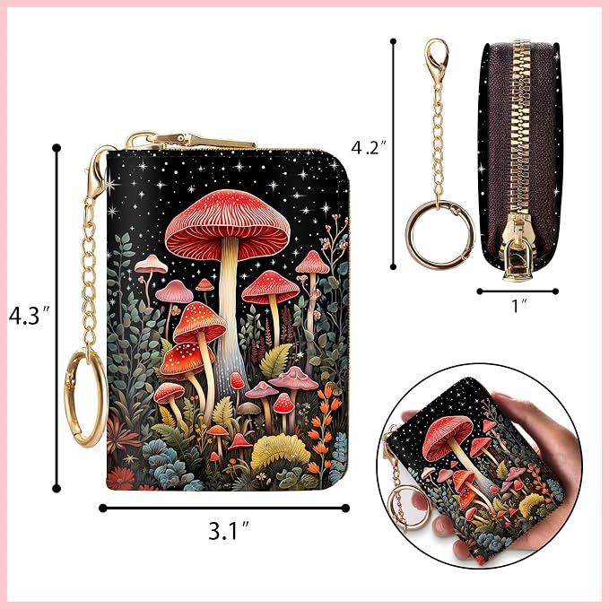 Blusabaca RFID Credit Card Holder Small Women Travel Wallet, Cute Mushrooms | Removable Keychain, Case with Zipper, Vegan PU Leather, Cash Coin Pocket, Business Accordion Purse, Ladies Female Gift