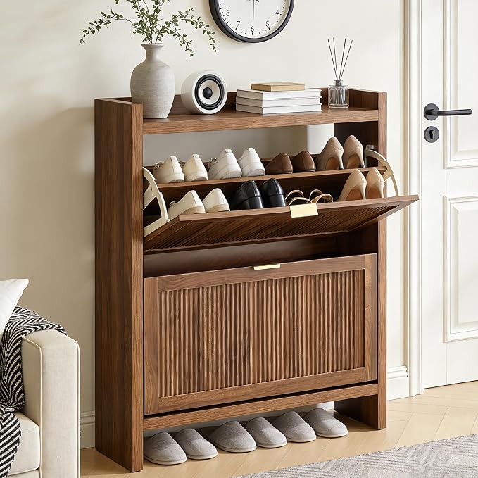 Fluted Shoe Storage Cabinet with 2 Flip Door for Entryway, Modern Freestanding Narrow Wood Shoe Rack Cabinet for Foyer, Front Door, Hallway