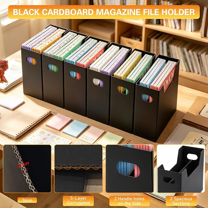 AOBOPLE Magazine Holder with 2 Compartments,6 Pack Cardboard Magazine File Holder Box for Desktop and Home Office,Magazine Rack with Handle for Magazines,Letters, Books, Newspapers